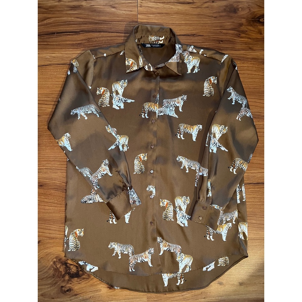 Zara Women Brown Tiger Print Satin Button Down Shirt Blouse Size S